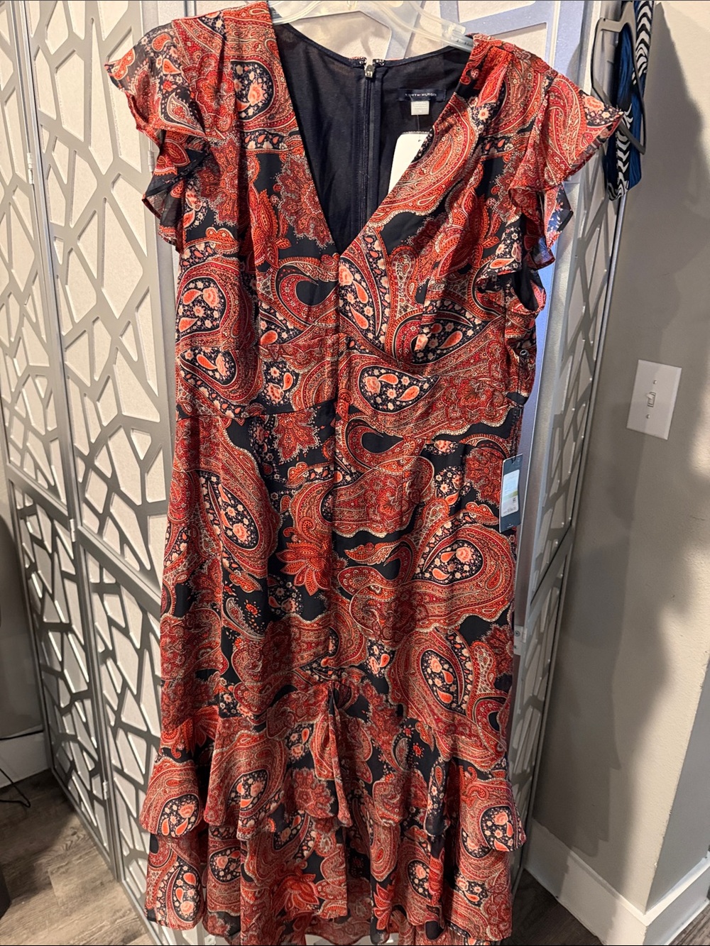 Tommy Hilfiger Red and Black Paisley Ruffle Midi Dress